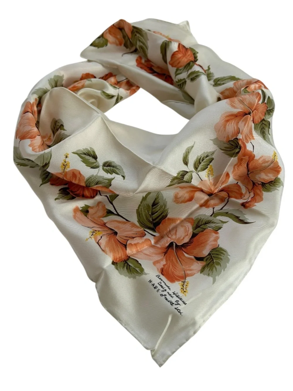 Bermuda Hibiscus 100% silk H A& E Smith Std as new vintage orange floral scarf